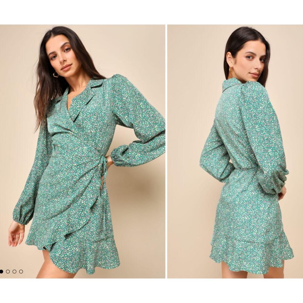 Lulus Dress Womens Size XS Totally Cute Time Green Floral Collared Wrap Mini NEW